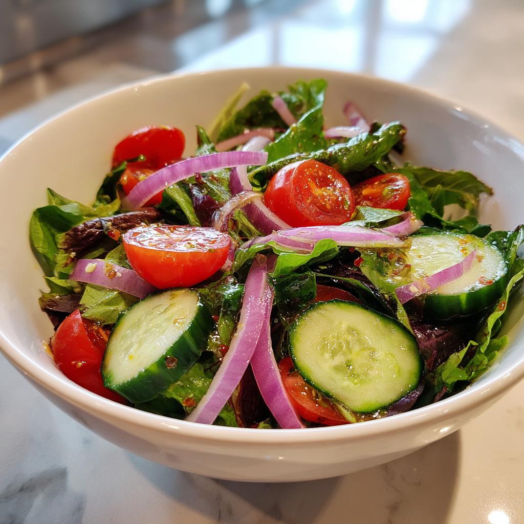 Bowl of healthy spring salads with cherry tomatoes, cucumber slices, red onion, and mixed greens.