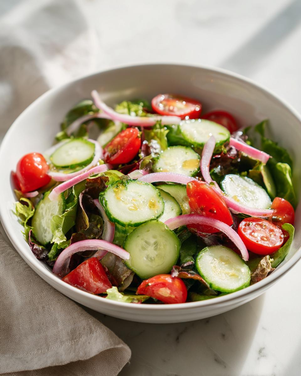 Bowl of healthy spring salads with cucumber slices, cherry tomatoes, red onion, and leafy greens.