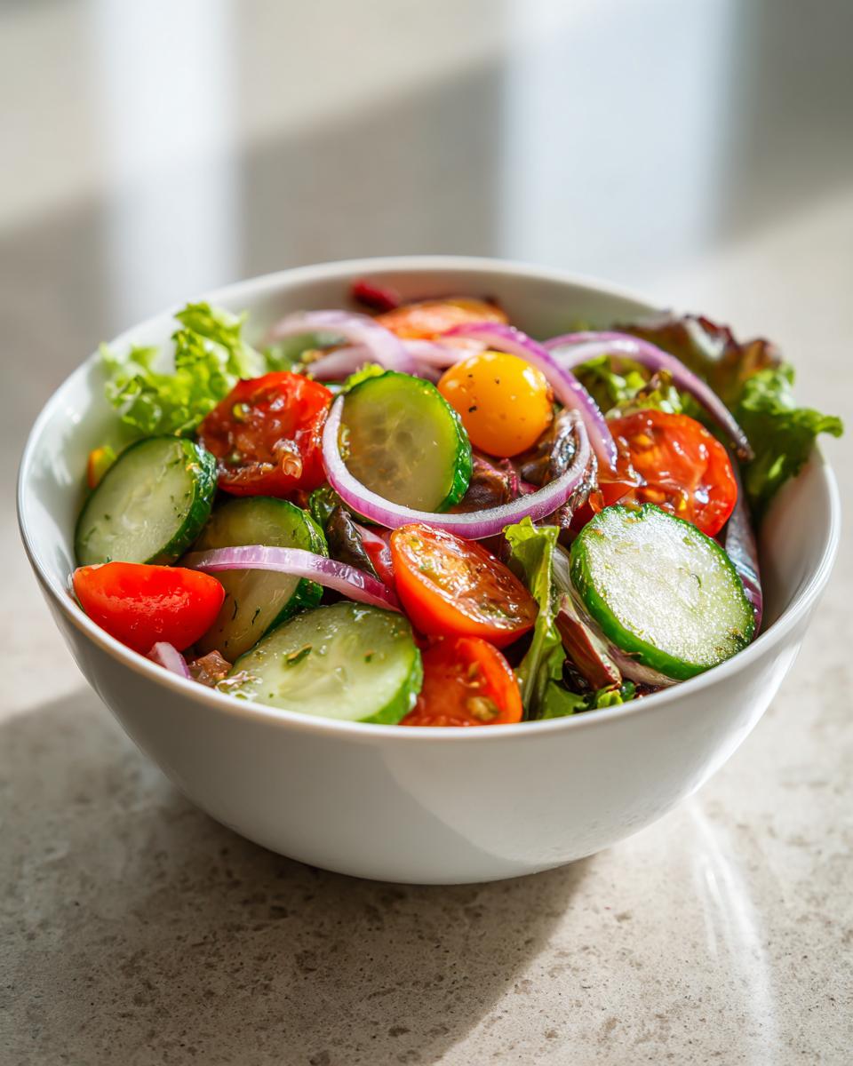 Bowl of healthy spring salads with cucumbers, cherry tomatoes, red onion, and mixed greens.