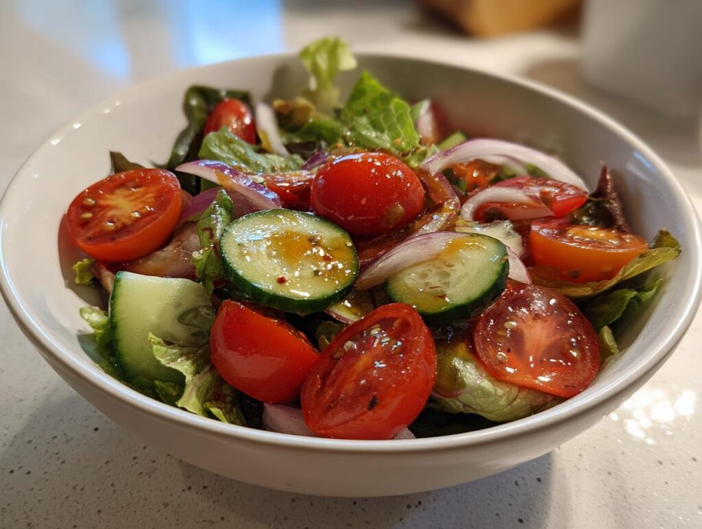 Bowl of healthy spring salads with cherry tomatoes, cucumber slices, red onion, and mixed greens.