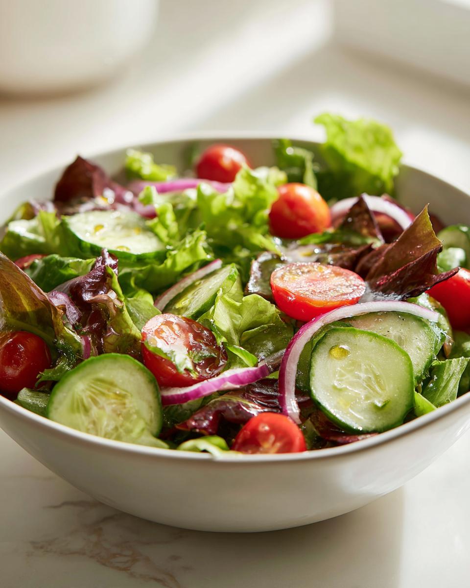 Bowl of healthy spring salads with mixed greens, cherry tomatoes, cucumber slices, and red onion.