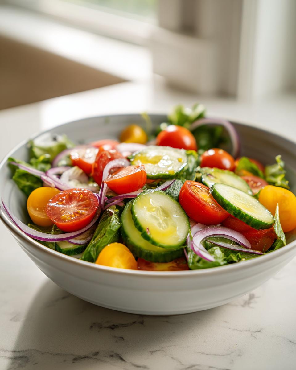 Bowl of healthy spring salads with cherry tomatoes, cucumber slices, red onion, and leafy greens