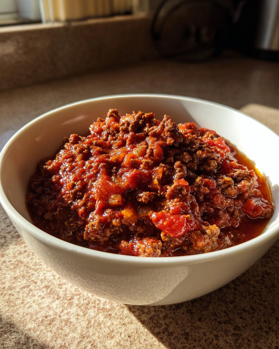 Bowl of rich chili with ground beef and tomato sauce, perfect for quick weeknight meals