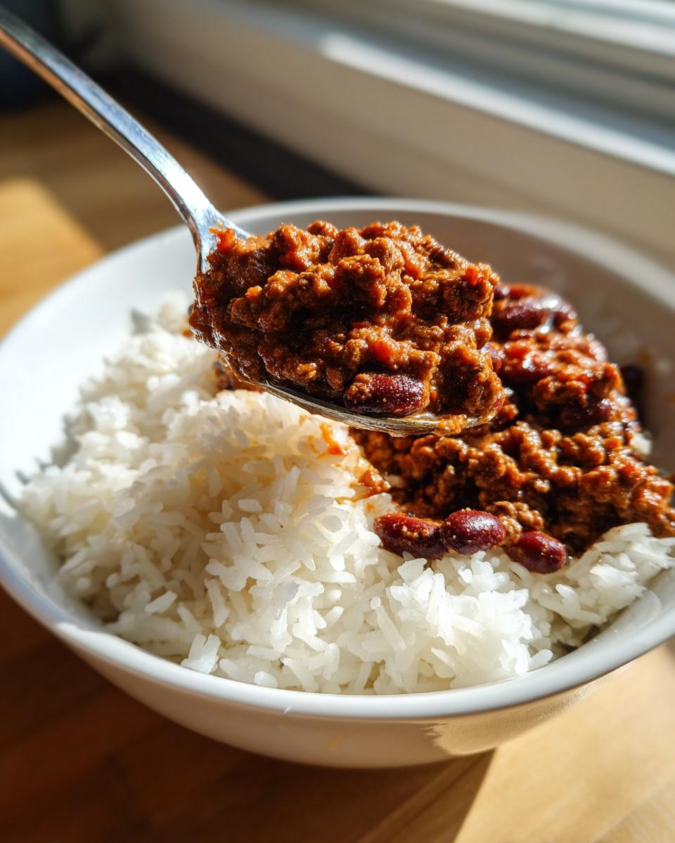 Close-up of a spoonful of chili with beans over white rice in a bowl, budget friendly meals