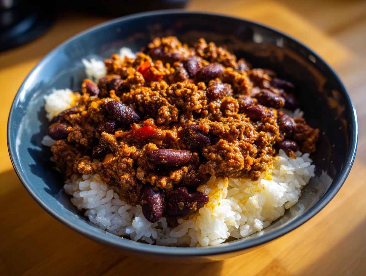 Bowl of chili with ground meat and kidney beans served over white rice, a budget friendly meals option.