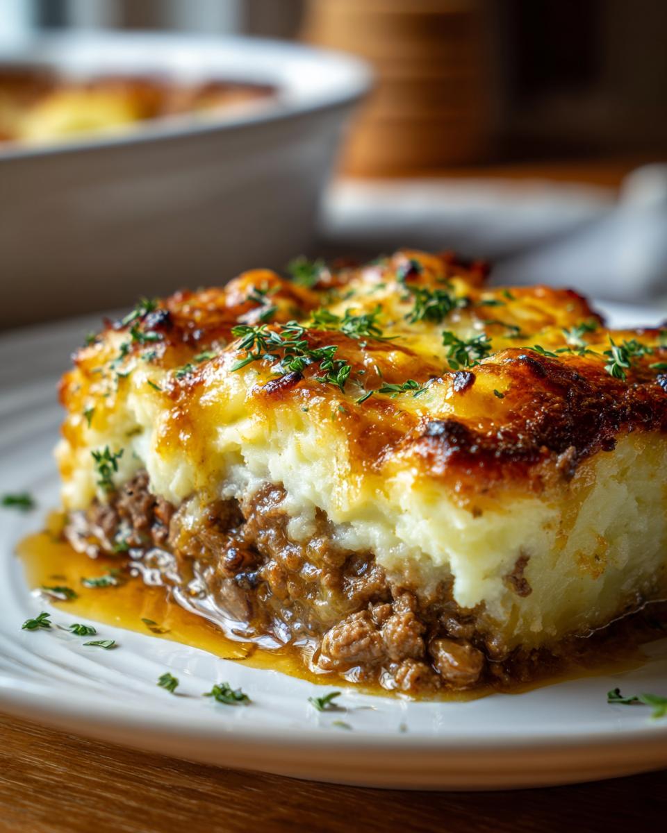 Close-up of a slice of shepherd's pie with ground beef and mashed potato topping garnished with herbs