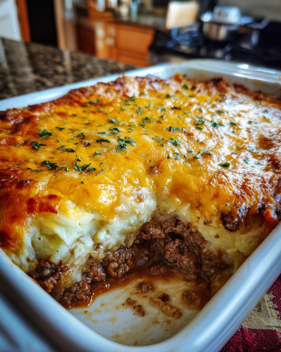 Close-up of a baked shepherd's pie with ground beef and cheesy mashed potato topping