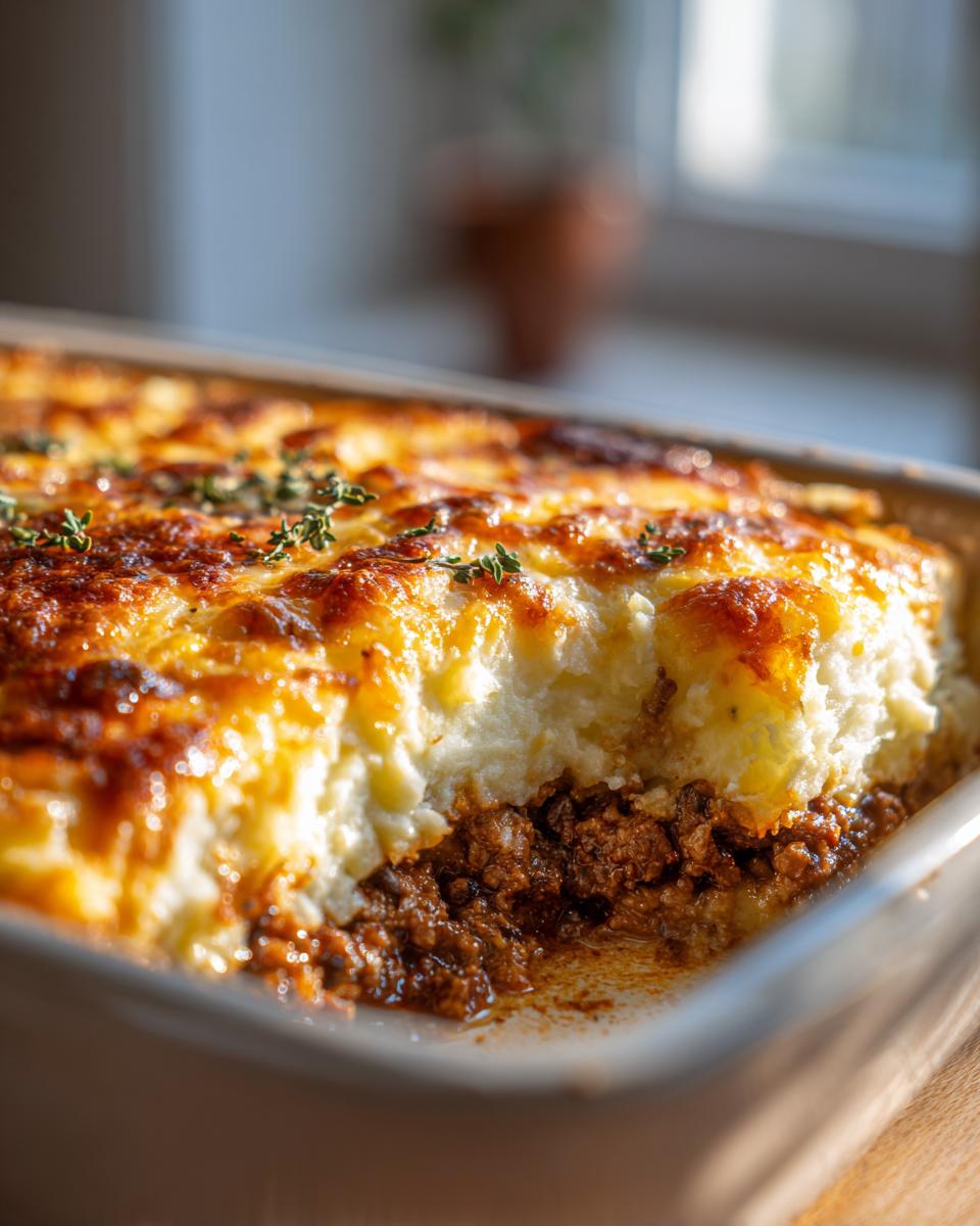 Close-up of a baked shepherd's pie with golden mashed potato topping and savory meat filling.