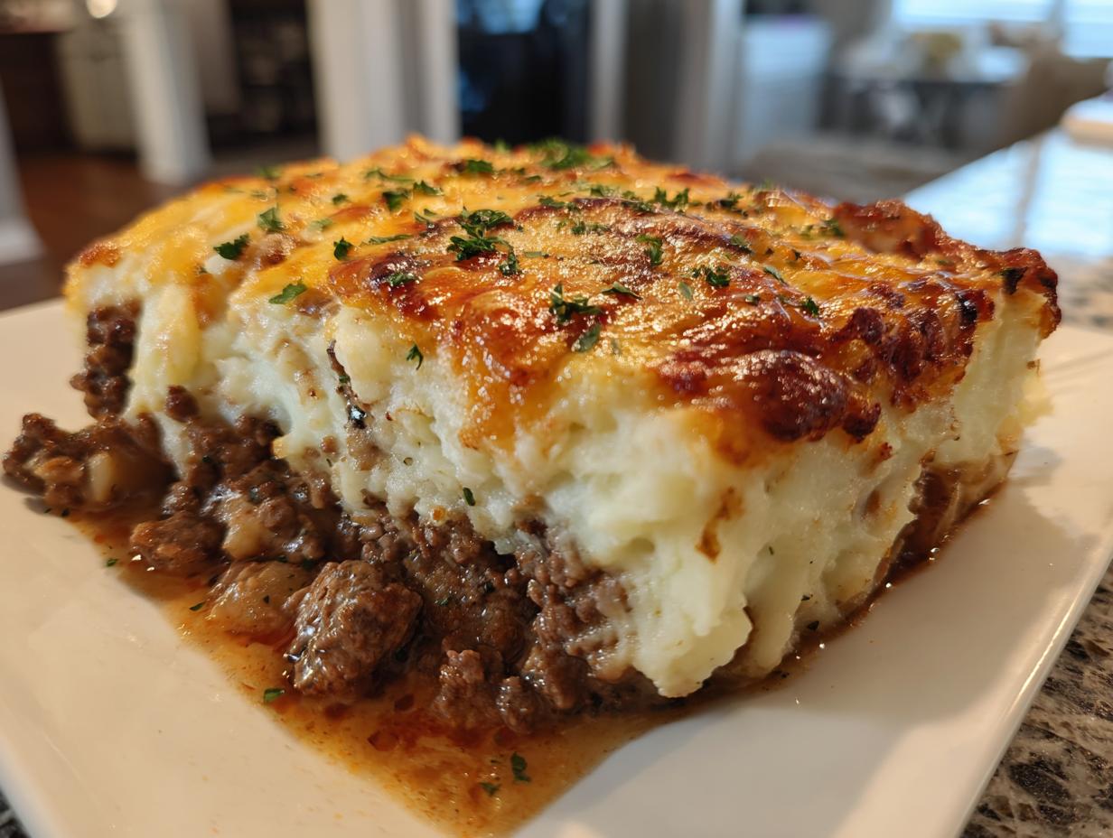 Close-up of a slice of shepherd's pie with ground beef and mashed potato topping