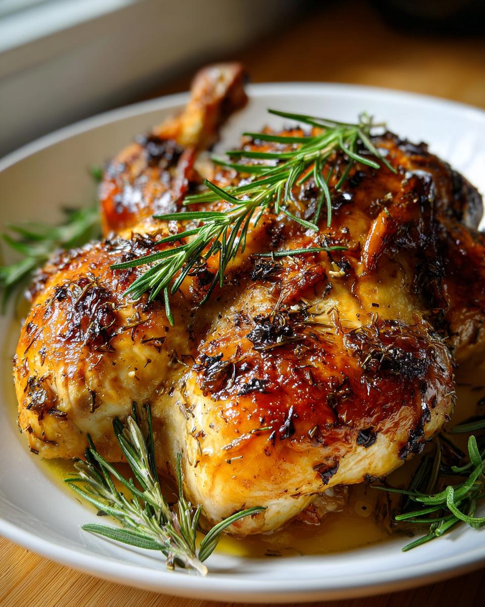 Close-up of herb-roasted chicken with crispy skin garnished with fresh rosemary on a white plate