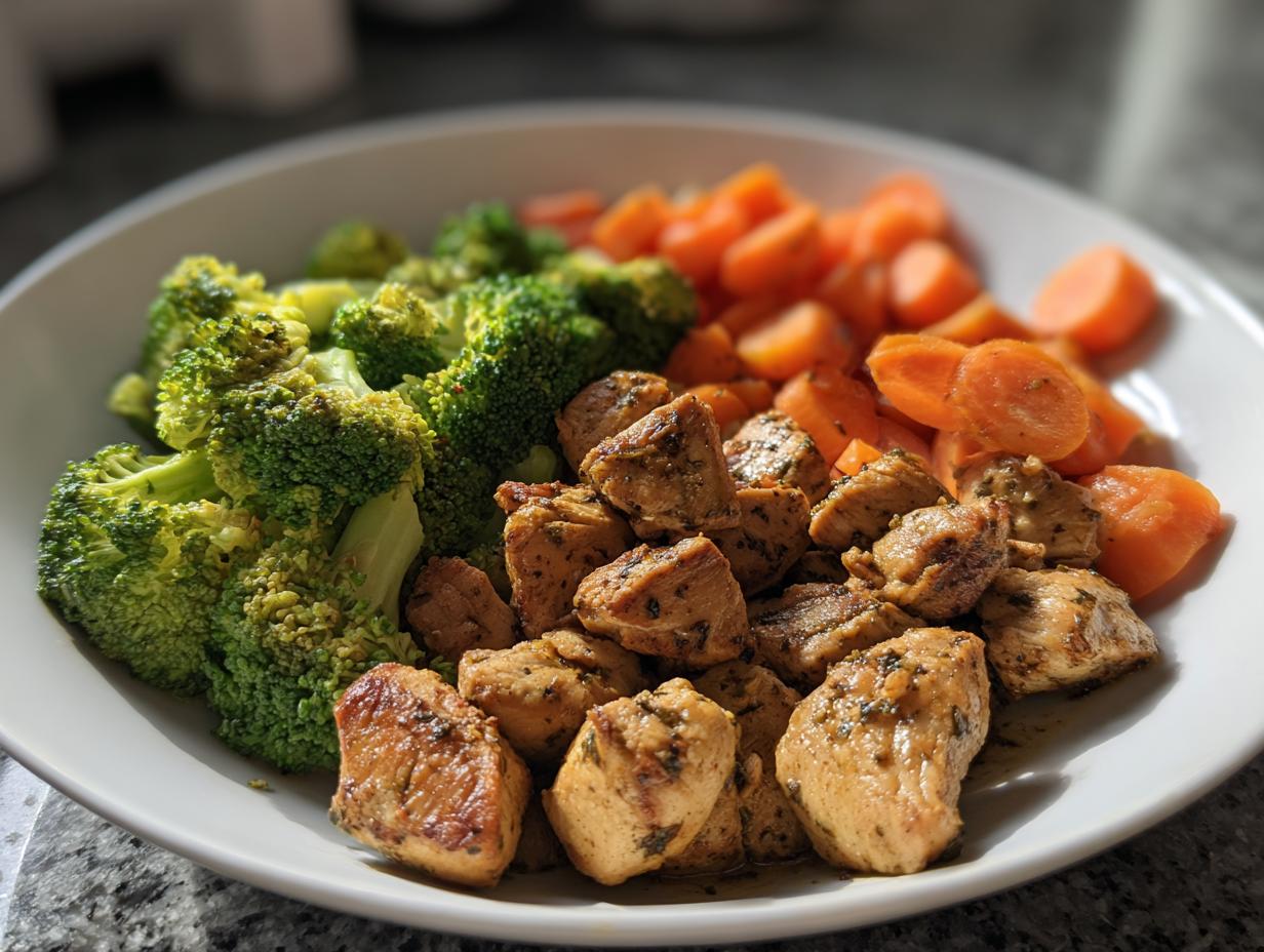 Plate of grilled chicken chunks with steamed broccoli and sliced carrots for high protein dinner recipes