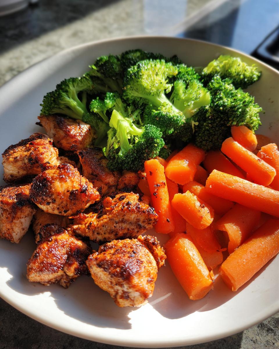 Plate of high protein dinner with grilled chicken, steamed broccoli, and cooked carrots.