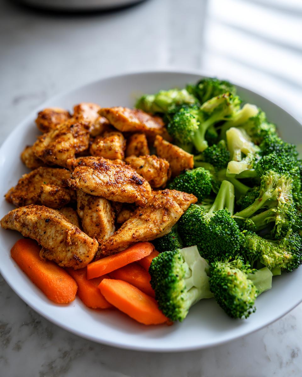 Plate of high protein dinner with grilled chicken, steamed broccoli, and sliced carrots.