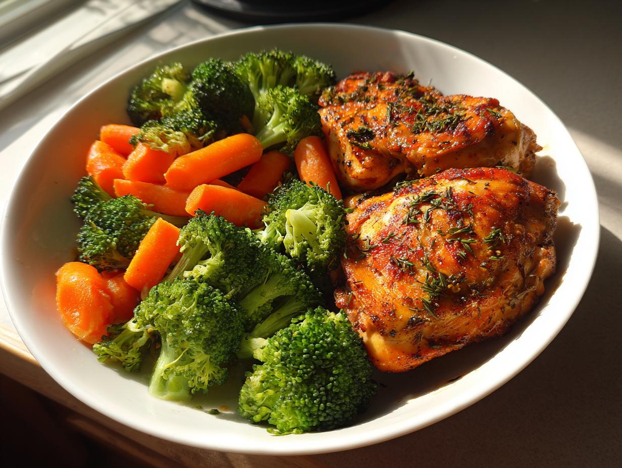 Plate of grilled chicken thighs with steamed broccoli and carrots for high protein dinner recipes