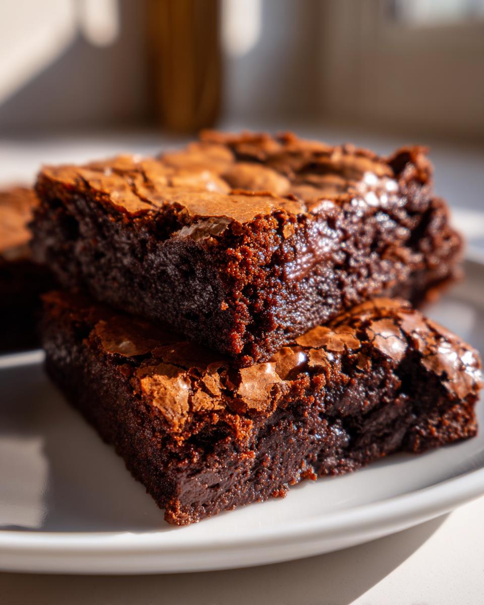 Two rich, fudgy brownies stacked on a white plate showcasing homemade brownie recipes.