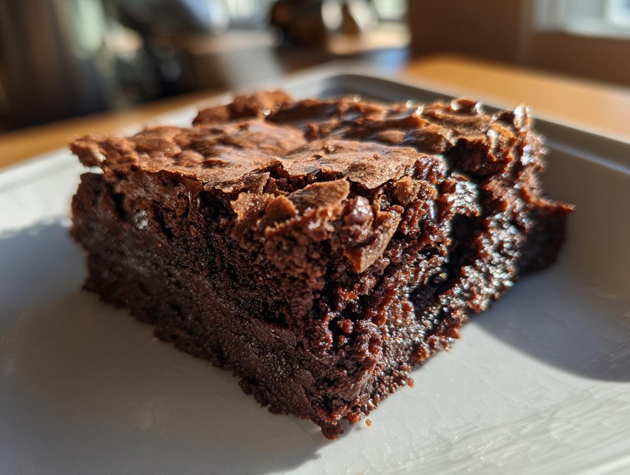 A close-up shot of a moist and fudgy homemade brownie slice on a white plate.