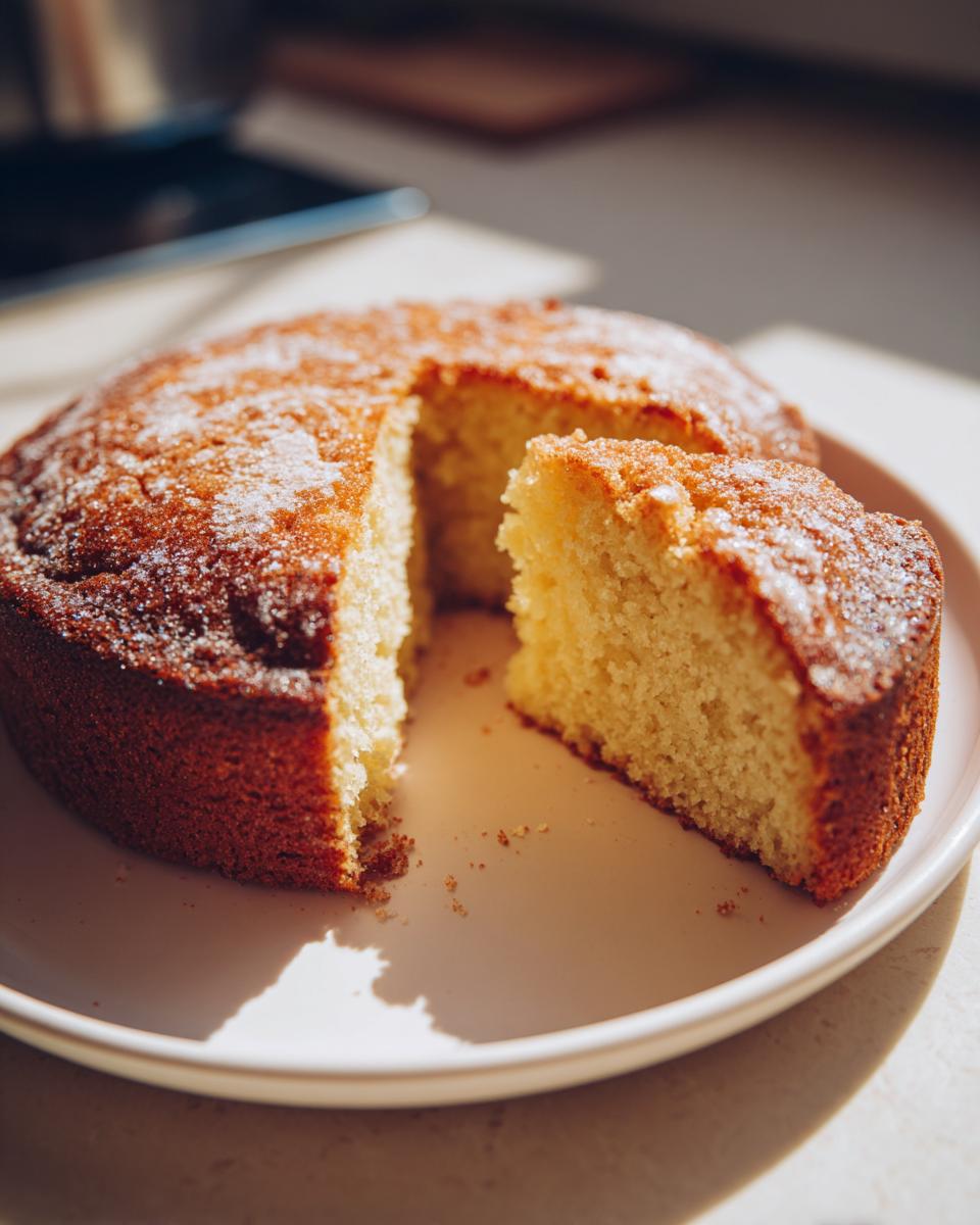 Close-up of a homemade cake with a slice cut out on a white plate for easy baking recipes