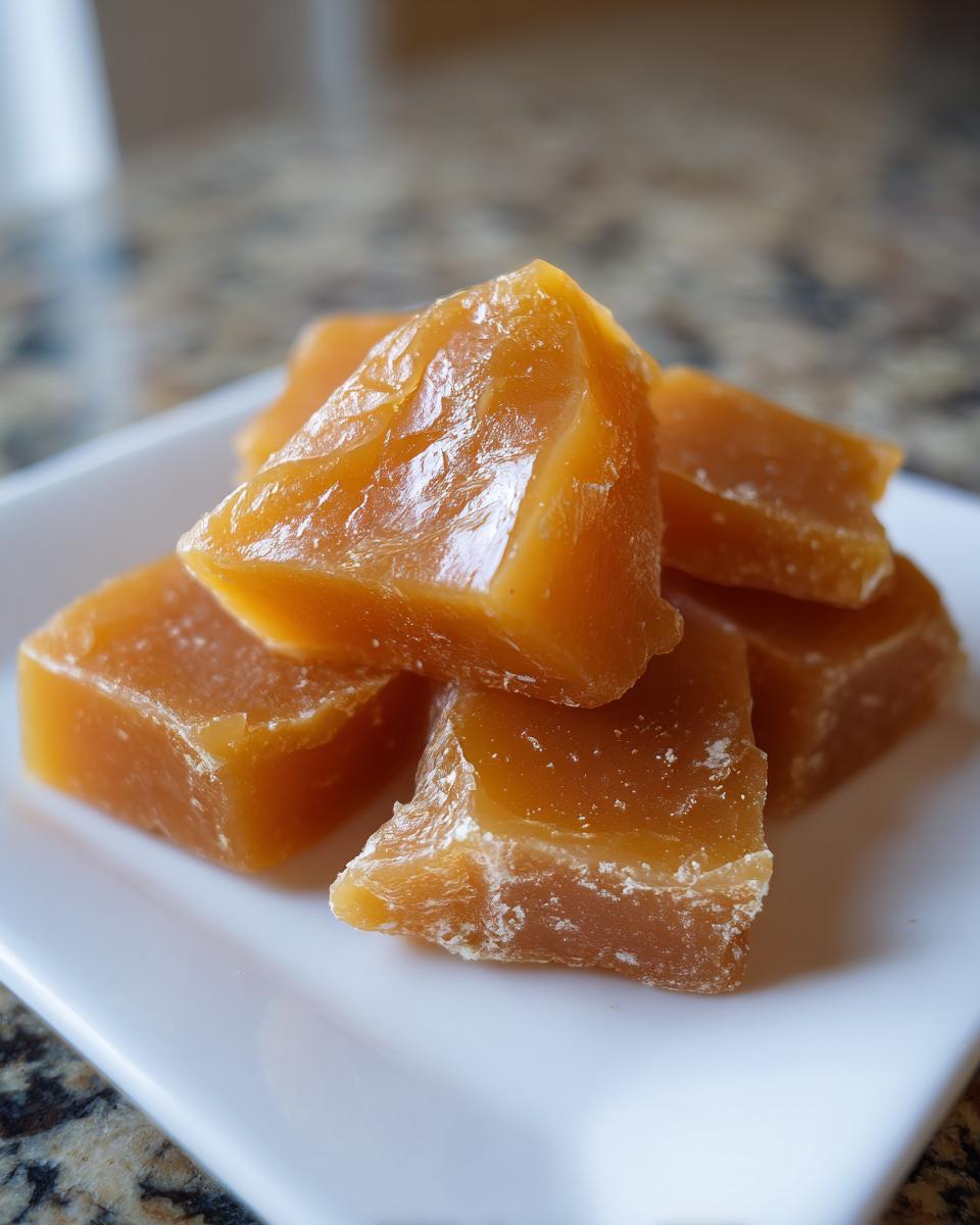 Close-up of homemade caramel candy pieces stacked on a white plate.