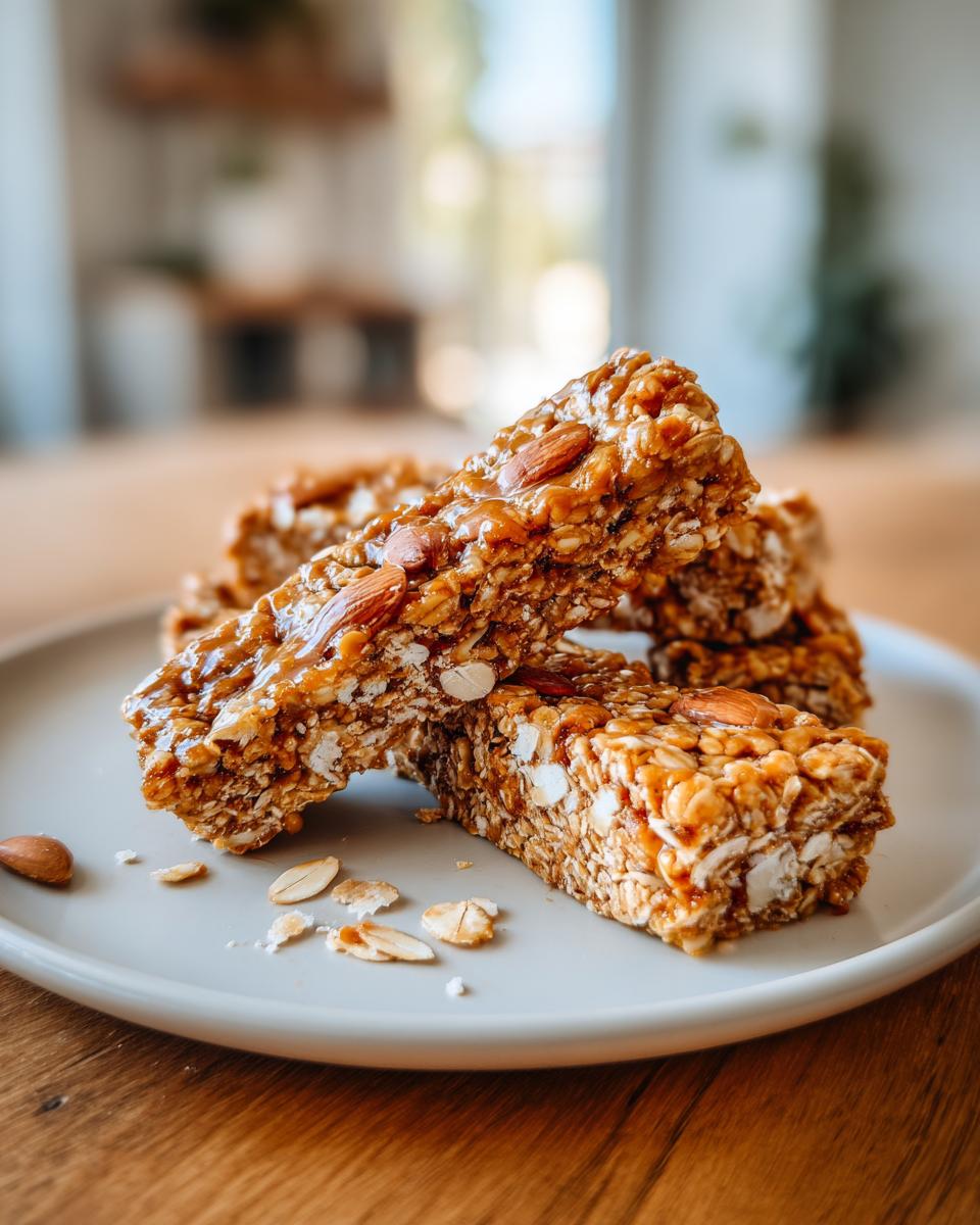 Close-up of homemade granola snacks with almonds on a white plate.