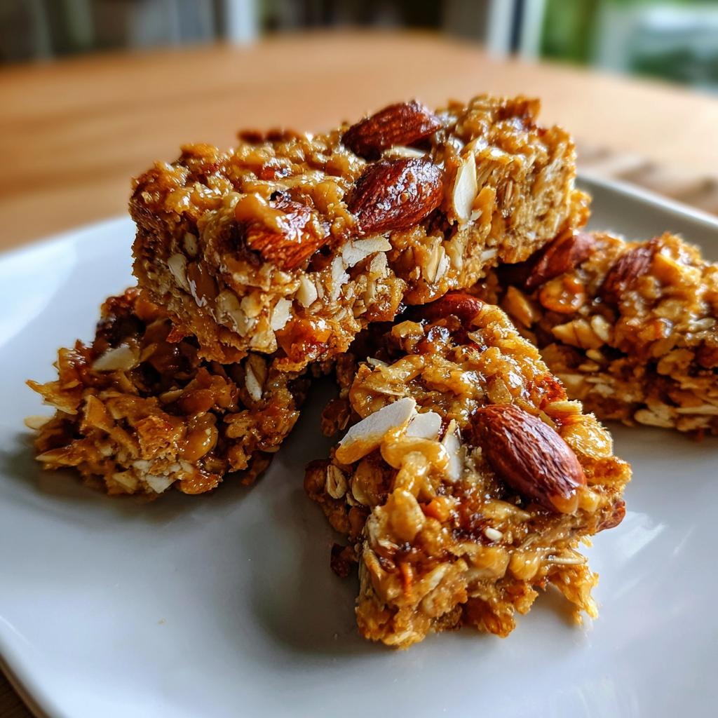 Close-up of homemade granola snacks with almonds on a white plate.