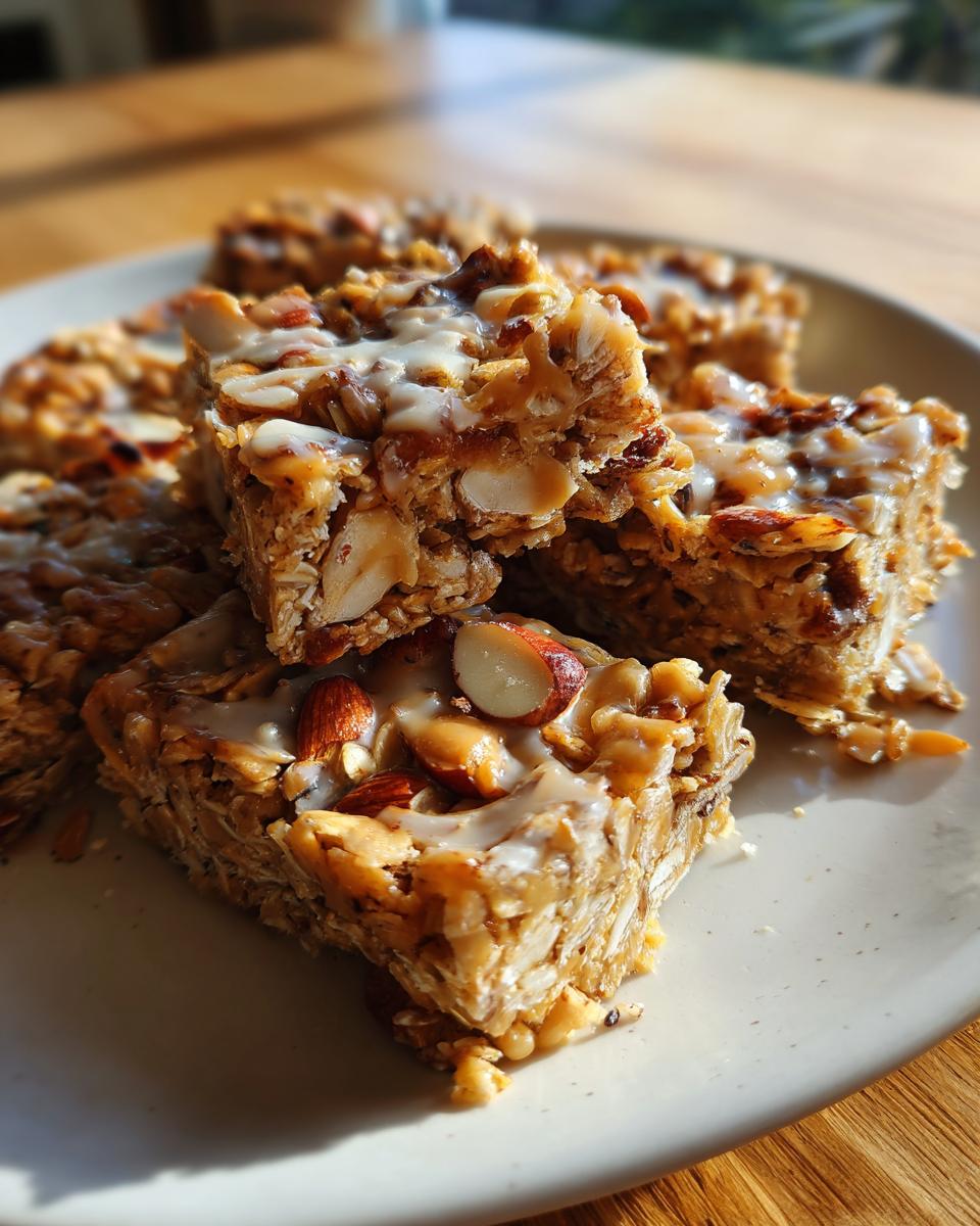 Close-up of homemade granola snacks with almonds and a white drizzle on a white plate.