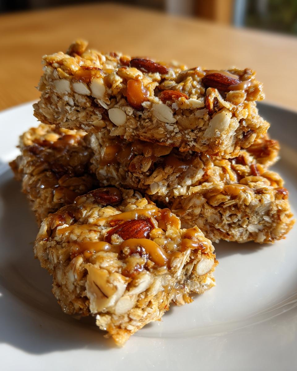 Close-up of homemade granola snacks with almonds and caramel drizzle on a white plate.