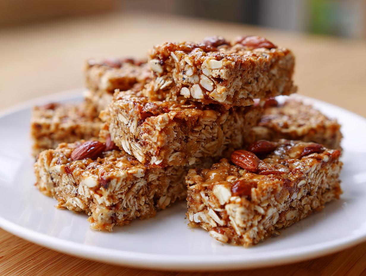 Close-up of homemade granola snacks stacked on a white plate with visible oats and almonds.