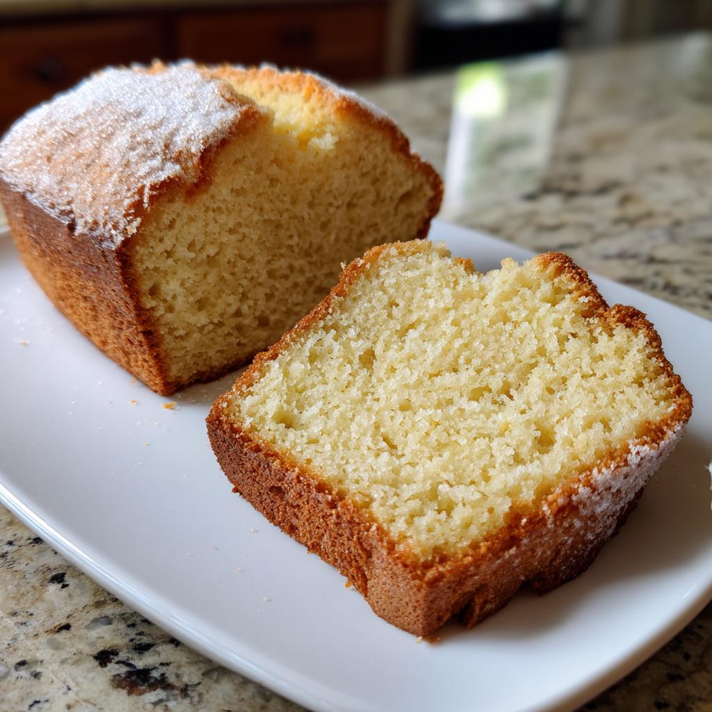 Slice of homemade pound cake with a golden crust on a white plate for easy baking recipes
