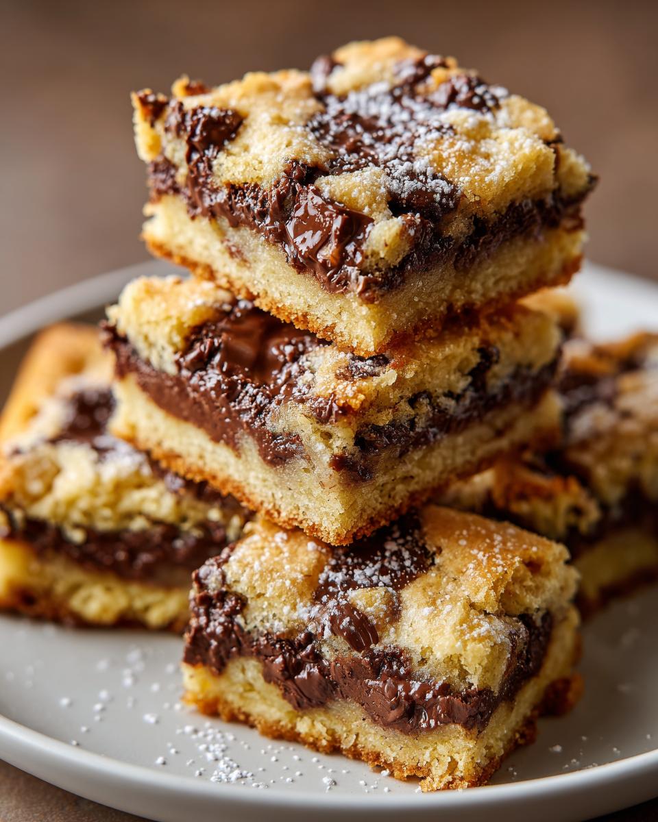 Close-up of stacked homemade sweet snacks with gooey melted chocolate and powdered sugar on top.