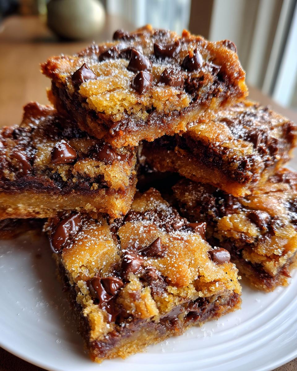 Close-up of homemade sweet snacks chocolate chip bars stacked on a white plate.