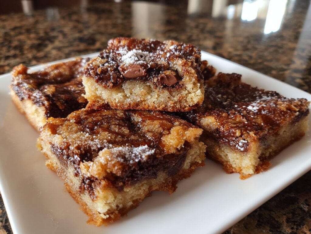 Close-up of homemade sweet snacks chocolate chip bars dusted with powdered sugar on a white plate.