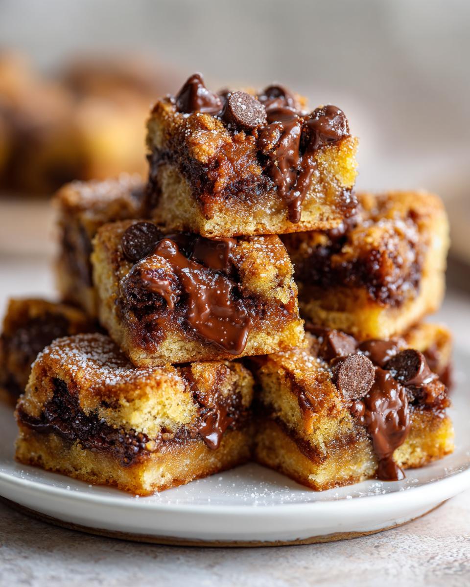 Close-up of homemade sweet snacks stacked on a plate with melted chocolate chips.