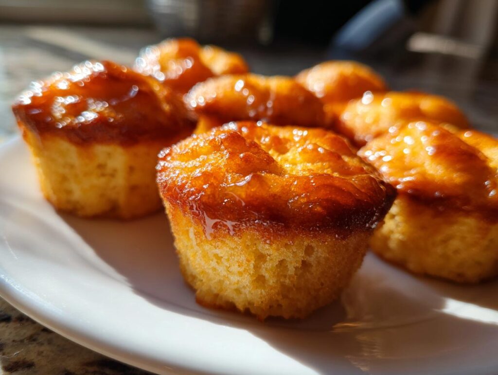 Close-up of golden honey butter cornbread bites glistening with honey on a white plate.