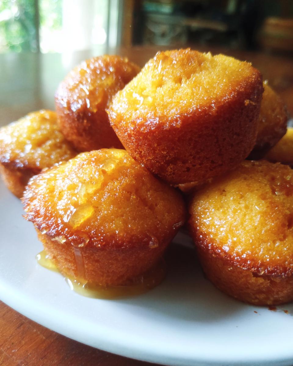 Close-up of golden honey butter cornbread bites stacked on a white plate with honey drizzled on top