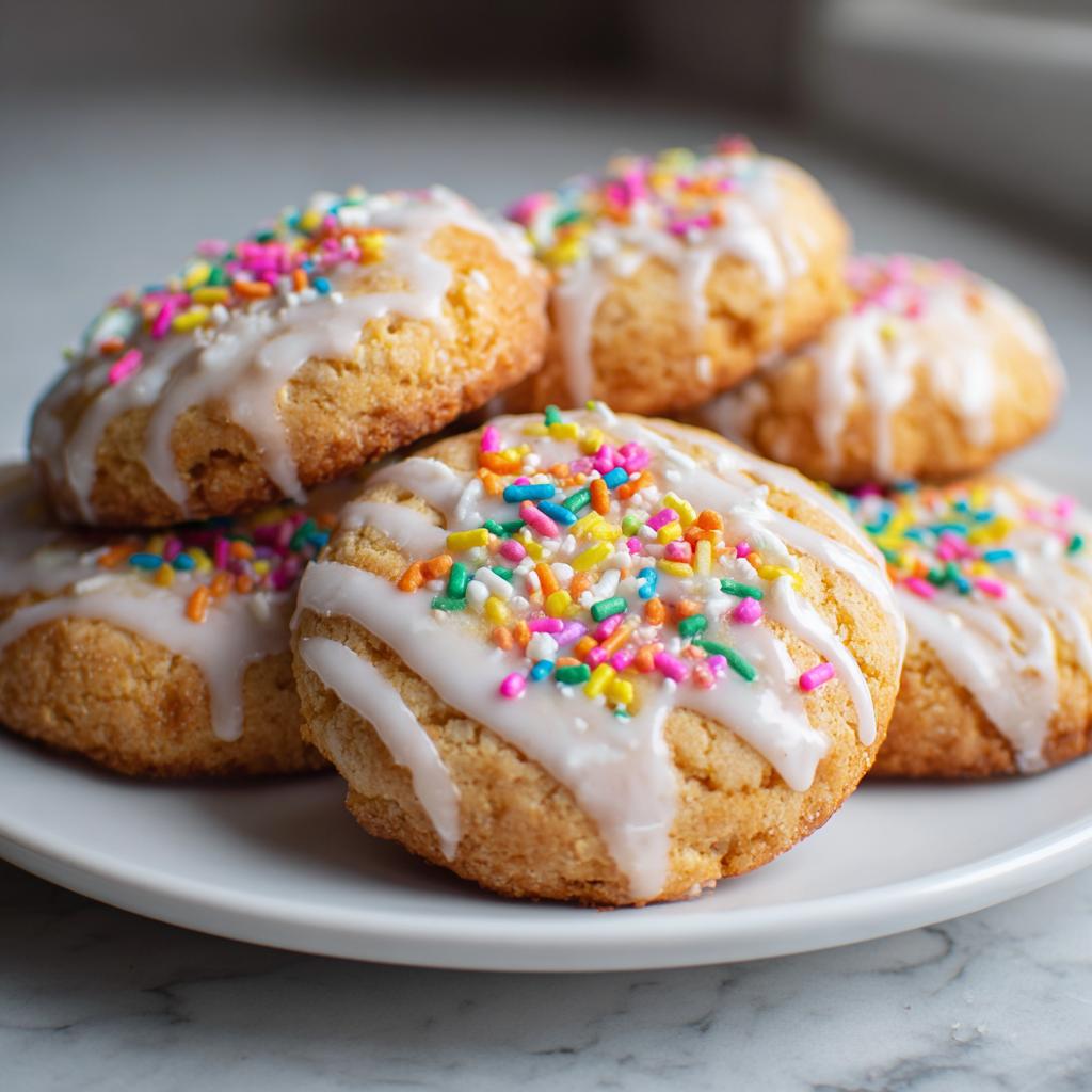 Close-up of iced cookies topped with colorful sprinkles on a white plate, Easter sweet snack recipes.