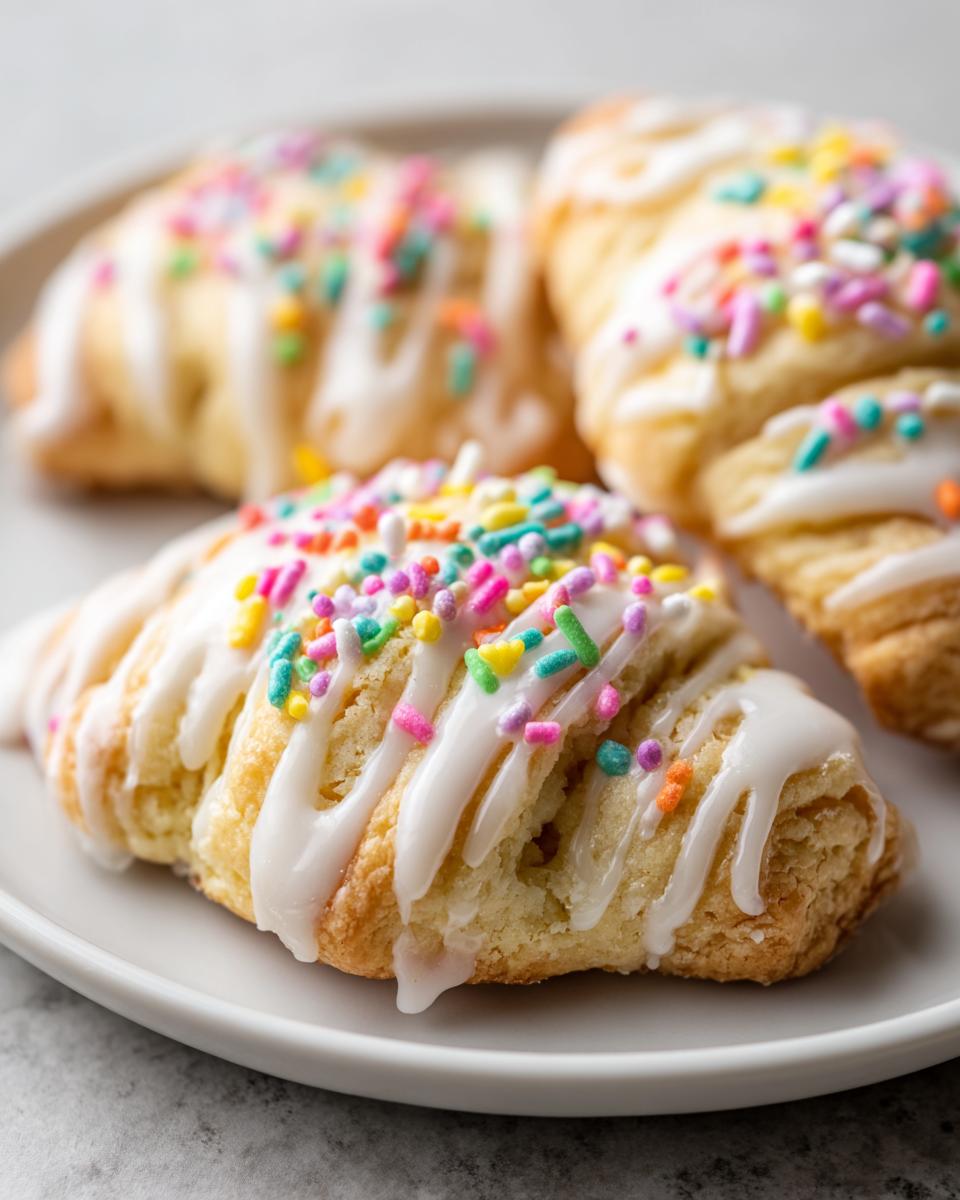 Close-up of iced sweet pastries topped with colorful sprinkles on a white plate