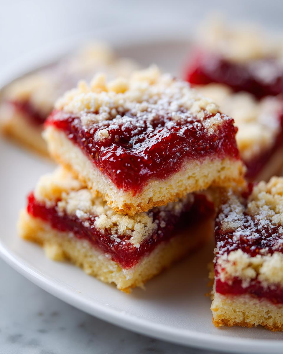 Close-up of jam bars with crumbly topping on a white plate, perfect simple sweet recipes