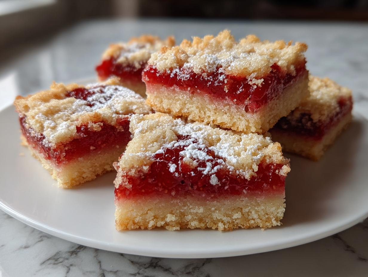 Close-up of jam bars with crumbly topping on a white plate for simple sweet recipes