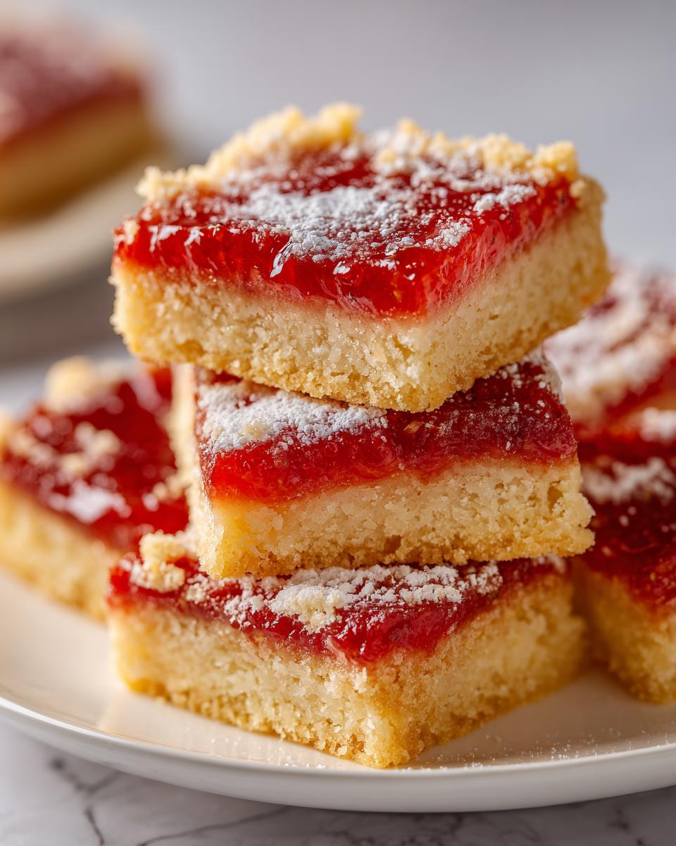 Close-up of stacked jam-topped dessert bars dusted with powdered sugar on a white plate.
