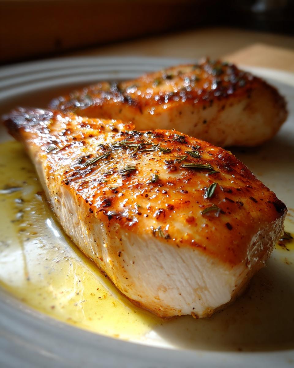 Close-up of juicy oven baked chicken breast seasoned with herbs and spices on a plate.