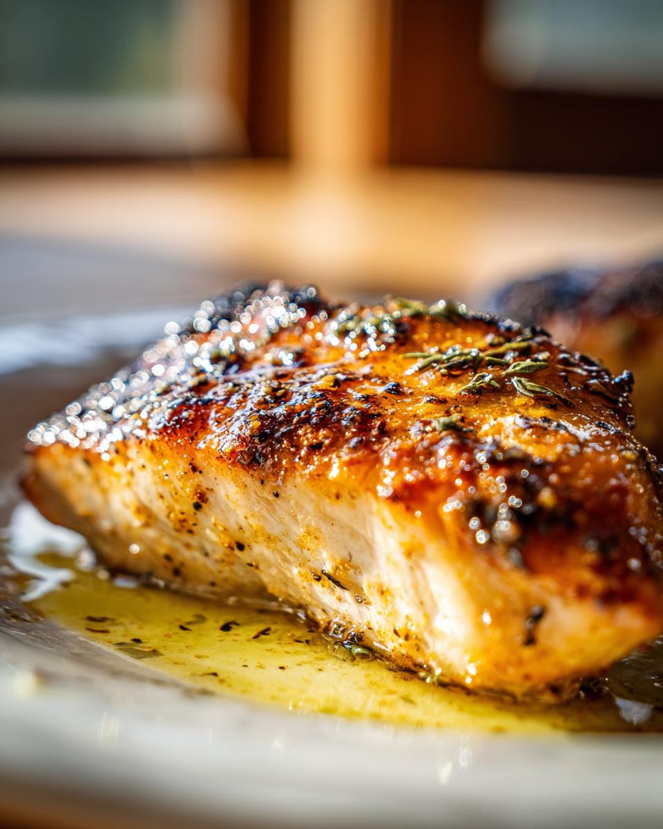 Close-up of a juicy oven baked chicken breast seasoned with herbs and spices on a plate.