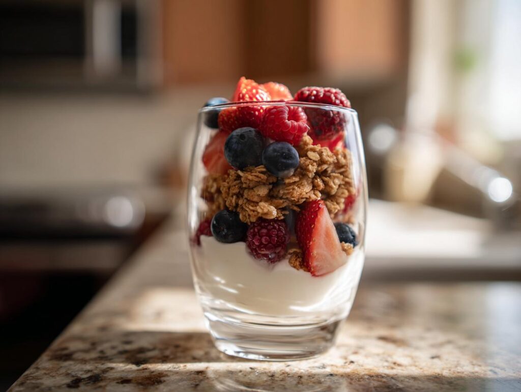 Glass of yogurt parfait with granola, strawberries, blueberries, and raspberries as kid friendly snack ideas