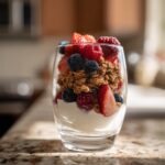 Glass of yogurt parfait with granola, strawberries, blueberries, and raspberries as kid friendly snack ideas