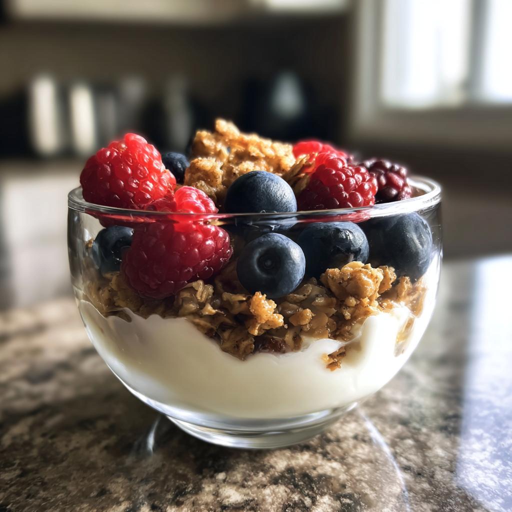 Glass bowl with yogurt, granola, blueberries, and raspberries as kid friendly snack ideas