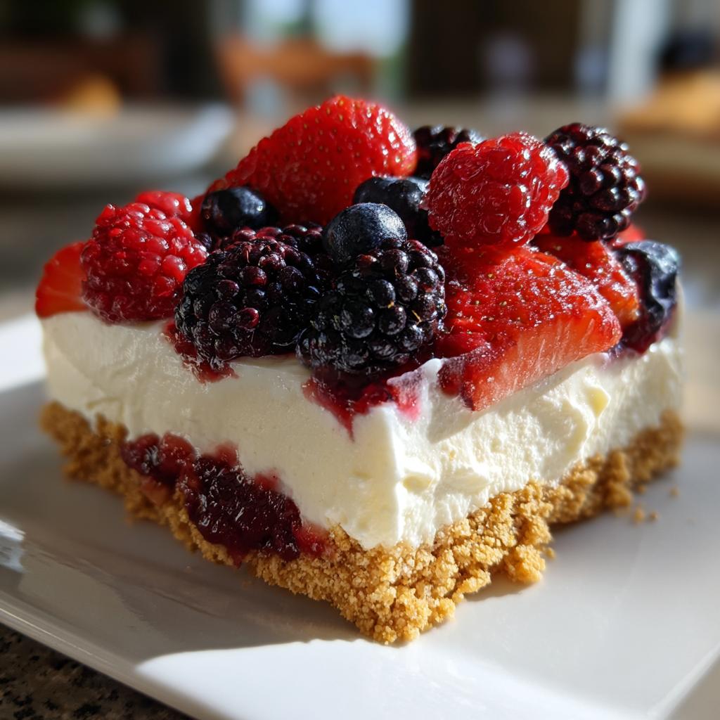 Close-up of a layered berry pudding dessert slice topped with strawberries, raspberries, blackberries, and blueberries.