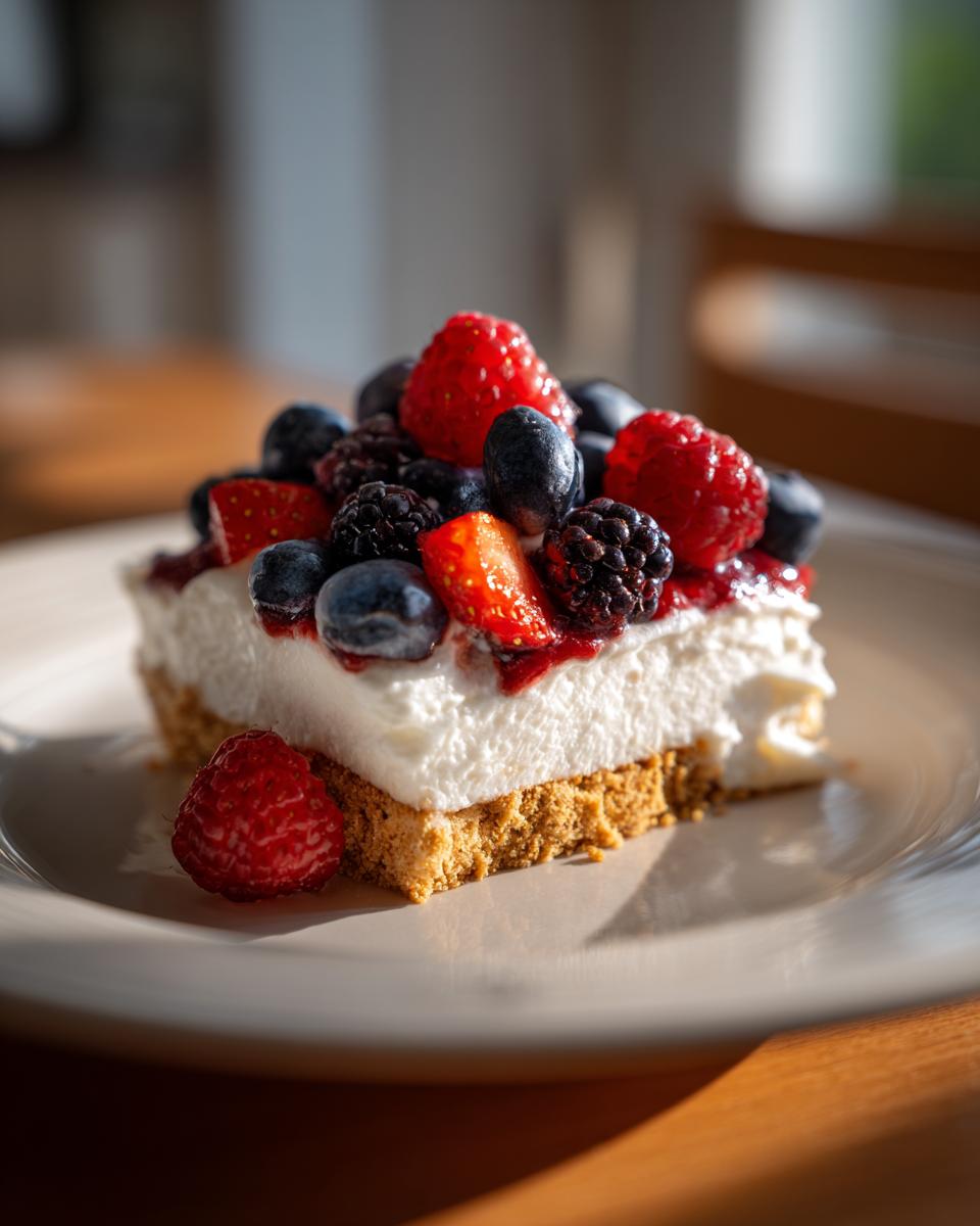Close-up of a layered berry pudding dessert slice topped with fresh berries on a white plate.