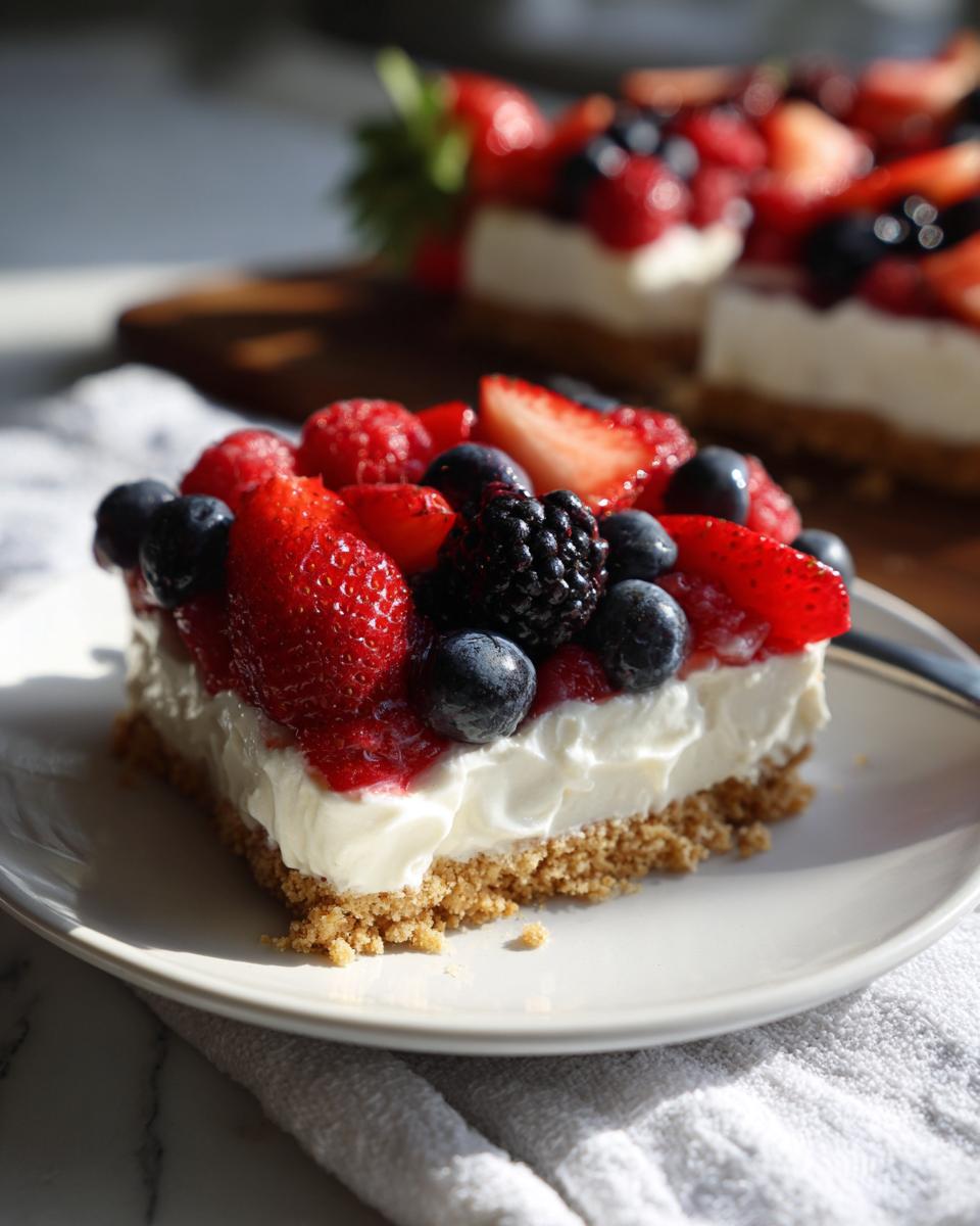 Slice of layered berry pudding dessert with fresh strawberries, blueberries, blackberries on a crumb crust
