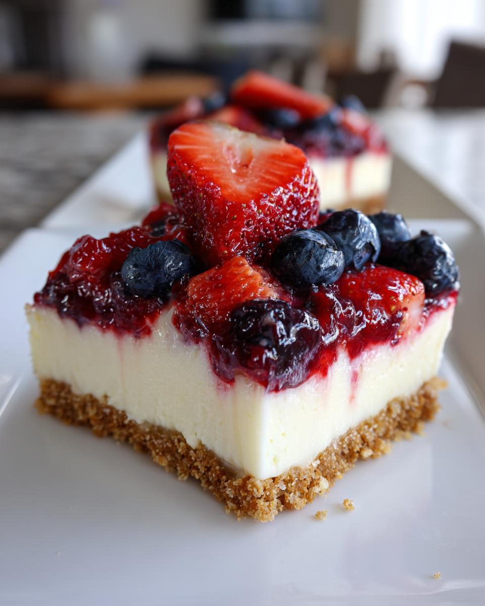 Slice of layered berry pudding dessert topped with strawberries and blueberries on a white plate.