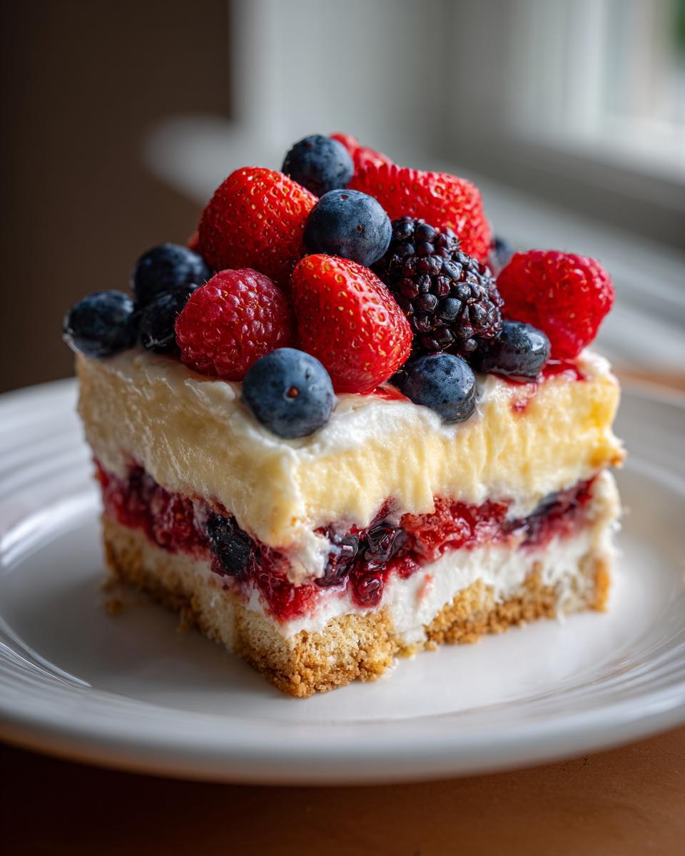 Slice of layered berry pudding dessert topped with strawberries, blueberries, raspberries, and blackberries on a white plate.