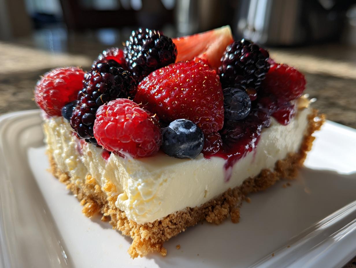 Slice of layered berry pudding dessert topped with strawberries, raspberries, blackberries, and blueberries.